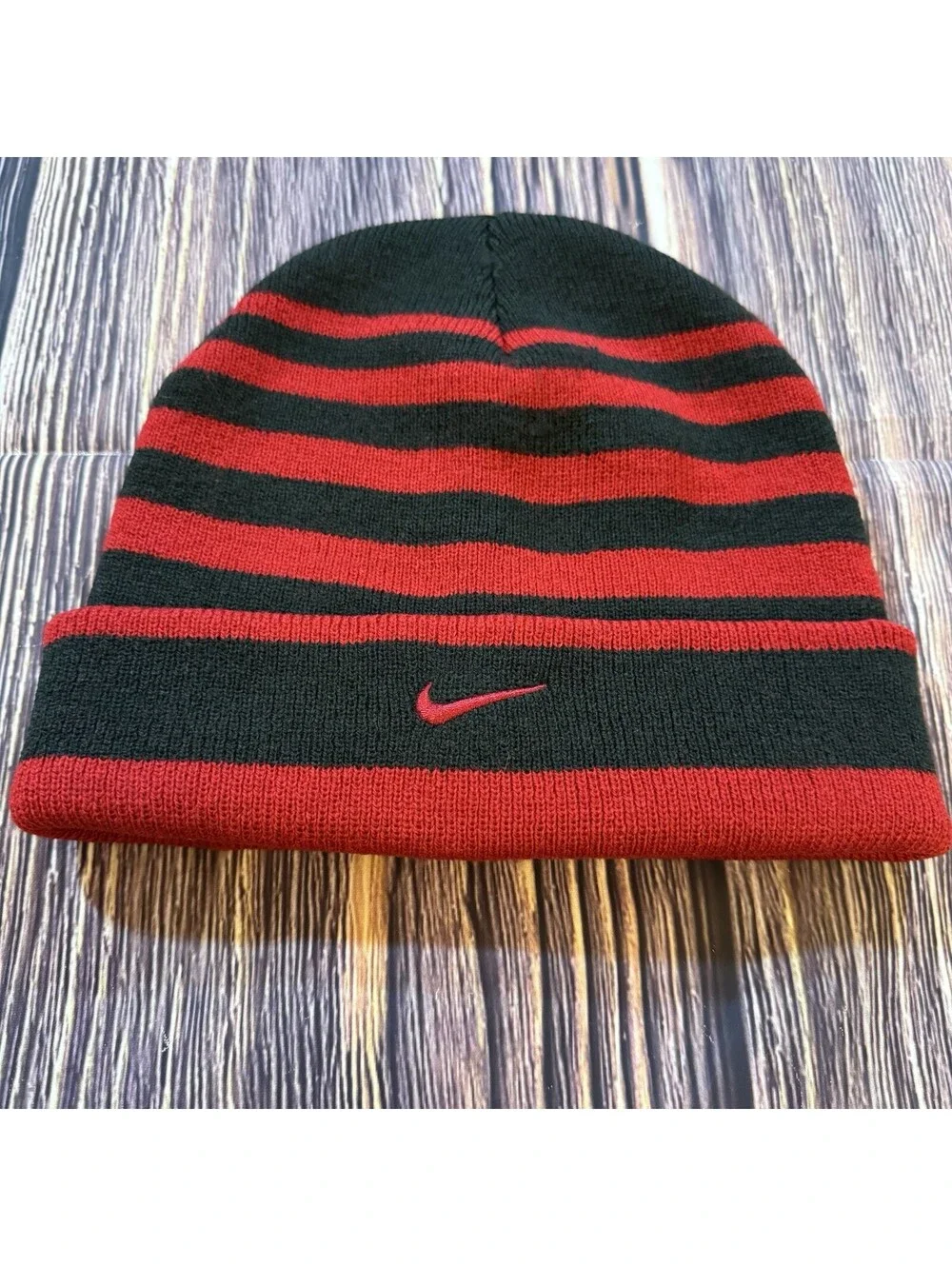 Nike Beanie Knit Hat Black Red Striped Swoosh Logo Youth One Size Unisex